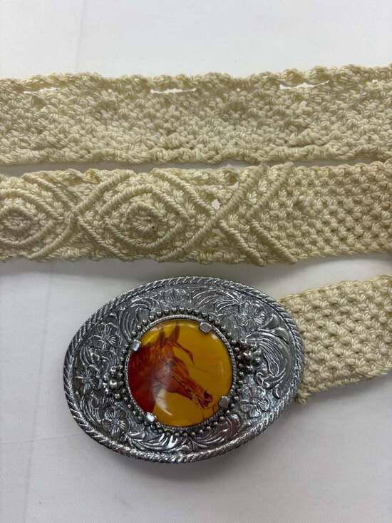 Unbranded Accessories - Vintage Cream Macramé Belt with Western Horse Head Buckle 40"
